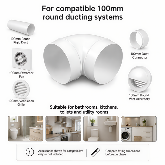Rigid Round Ventilation Duct Elbow 100mm, 90 Degree Bend for Extractor Fans - 100mm Connection Diameter, 90 Degree Airflow Change