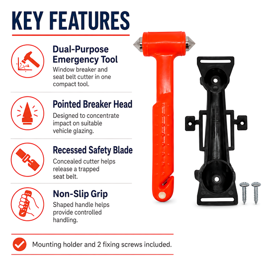 Car Emergency Window Hammer 17cm with Seat Belt Cutter and Mounting Holder - Recessed Safety Blade, Pointed Breaker Head