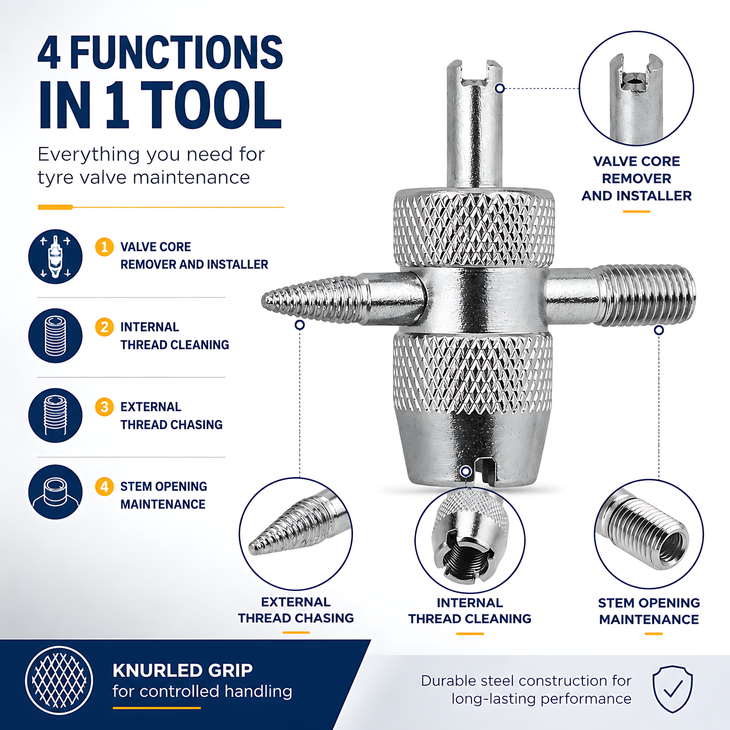4-in-1 Tyre Valve Tool for Cars & Bikes, Core Remover, Thread Repair - Valve Stem Cleaning, Internal & External Thread Chasing