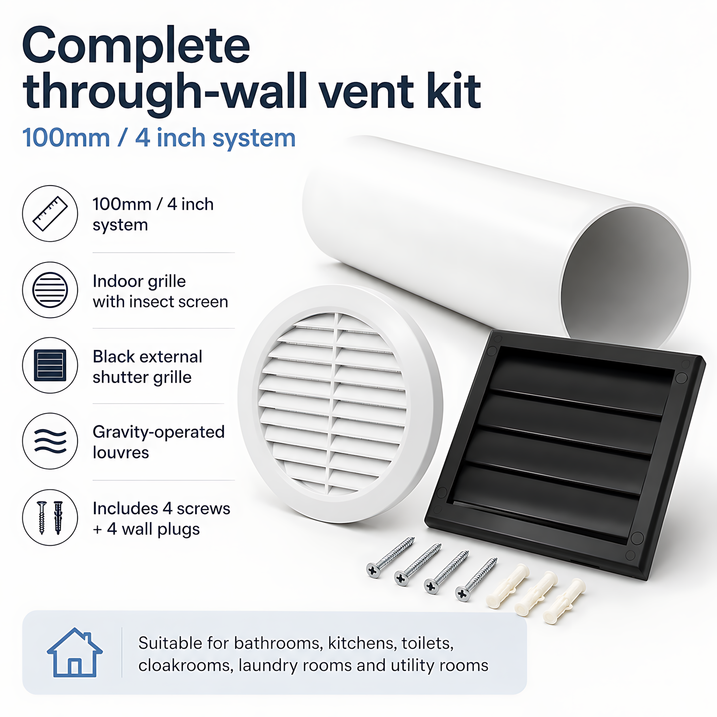 100mm 4 Inch Wall Vent Kit with 500mm Duct & Black Backdraught Grille for Bathrooms, Kitchens, Toilets, Cloakrooms & Utility Rooms