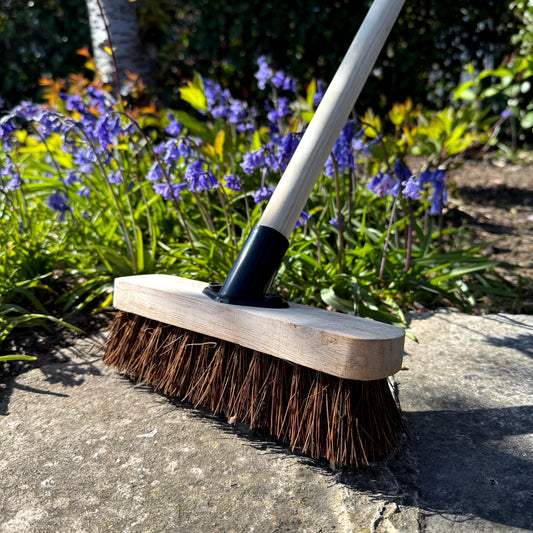9" Deck Scrub Brush with Handle - Heavy Duty Outdoor Stiff Bassine Bristles Scrubbing Broom - Hard Brush for Decking Patio Garden