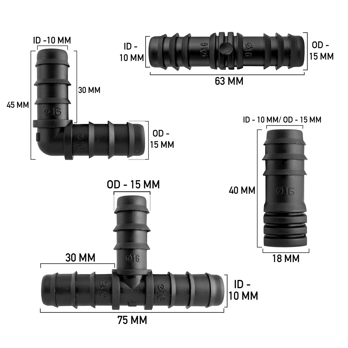 Irrigation Pipe Connectors Kit - Mixed Barb Fittings for 1/2" Hose Pipe - Elbows, Tees, Plugs, Joiners - Drip Irrigation Fittings