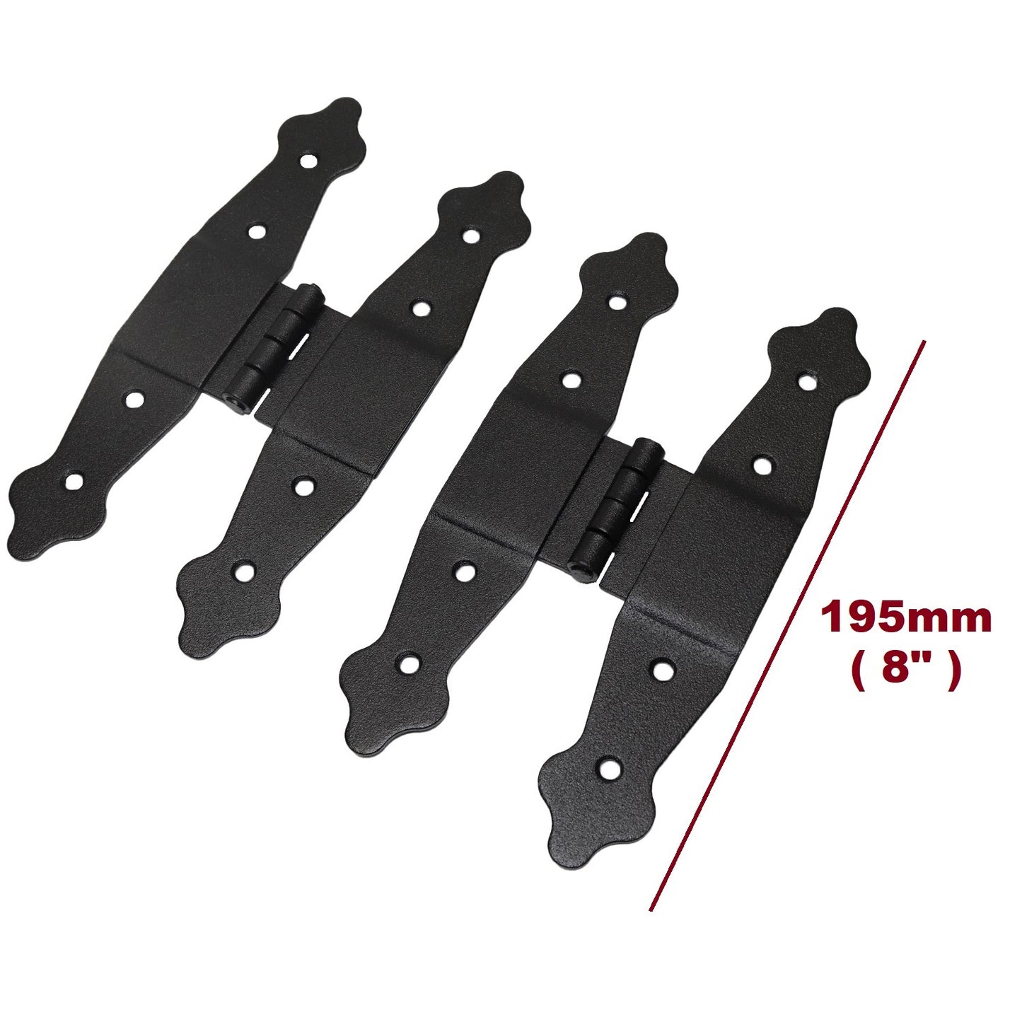 Pack of 2 x 195 mm H Type Hinge Black, Steel H-Shaped Hinges, Weather Resistant, Rust Proof Powder Coating, Strap Hinges