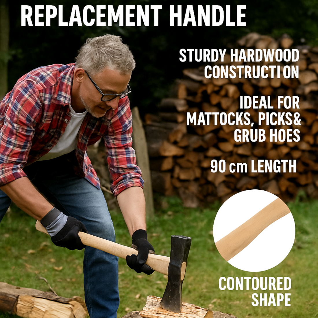 Hardwood Pickaxe Handle 90 cm / 36" - Strong Wooden Shaft for Mattock, Grubbing or Pick Axe Head - Smooth Ergonomic Grip Handle