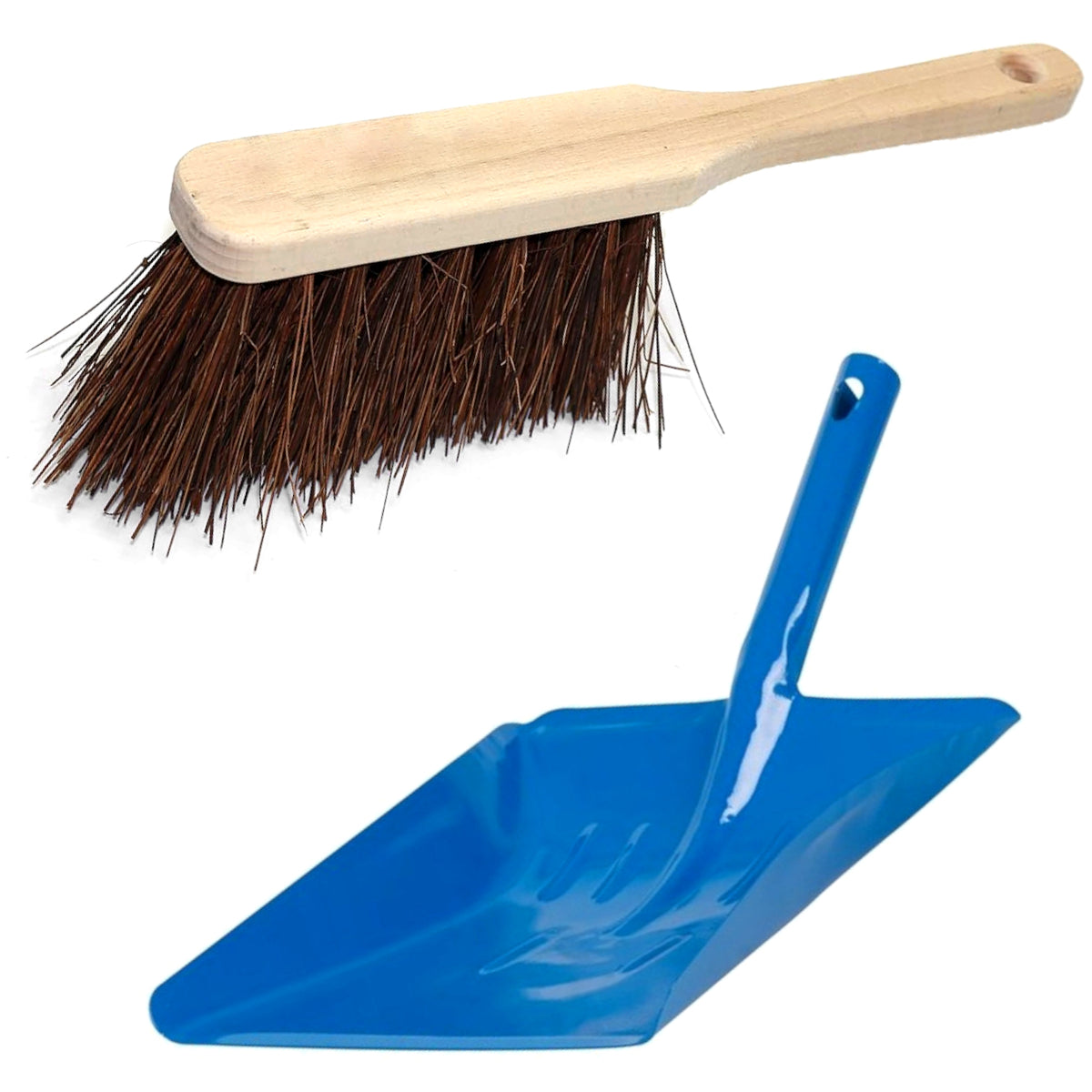 Stiff Bassine Hand Brush and Blue Metal Dustpan Set - 28cm Heavy Duty Wooden Scrubbing Brush with Hard Bristles and Steel Pan