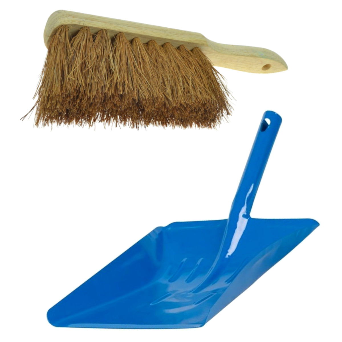 Soft Coco Hand Brush and Blue Metal Dustpan Set - Natural Coconut Bristles with Wooden Handle - Indoor Surface-Safe Cleaning Brush