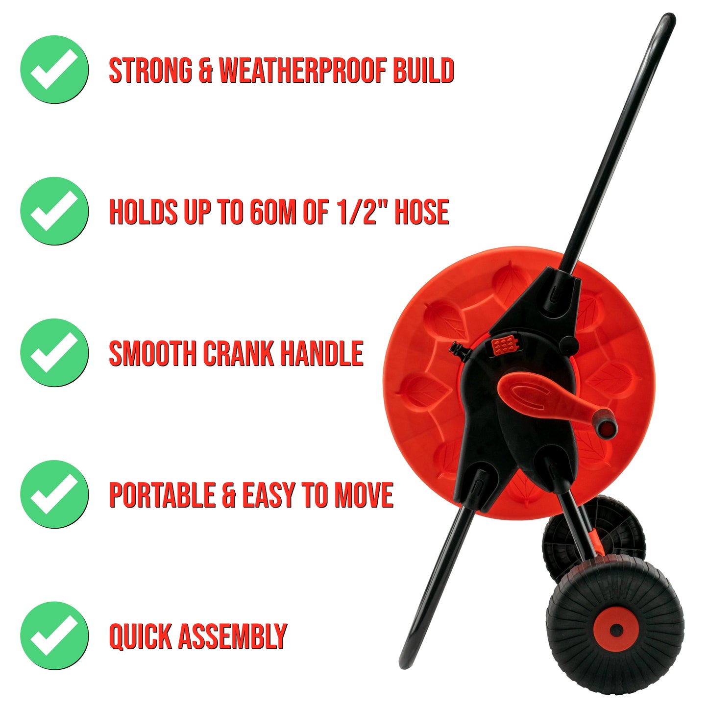 Heavy-Duty Garden Hose Reel Cart - Portable Water Hose Pipe Storage with Easy Crank Handle & Wheels - Holds 60m x 1/2" Hose