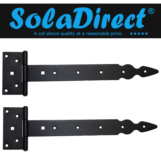 Pack of 2 x 300 mm T-Hinge Black, Steel Tee Hinges, Weather Resistant, Rust Proof Powder Coating, T Strap Hingess