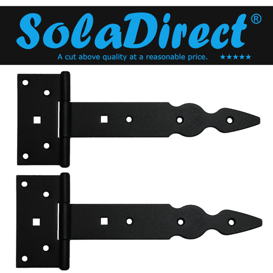 Pack of 2 x 200 mm T-Hinge Black, Steel Tee Hinges, Weather Resistant, Rust Proof Powder Coating, T Strap Hingess
