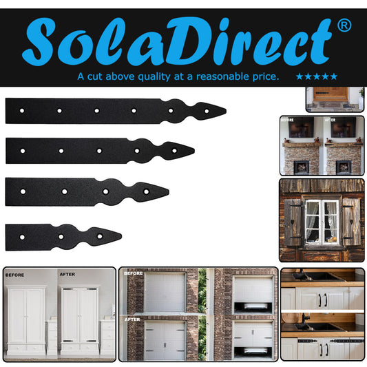 Pack of 2 x 400 mm Dummy Hinge Heads, Vintage False Strap Hinge, Black Steel, Weather Resistant, Rust Proof Powder Coating