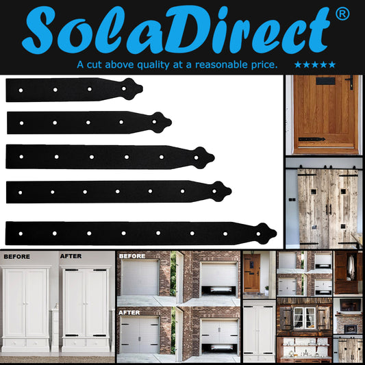 Pack of 2 x 300 mm Dummy Hinge Heads, Black Steel, Vintage False Strap Hinges, Weather Resistant, Rust Proof Powder Coating