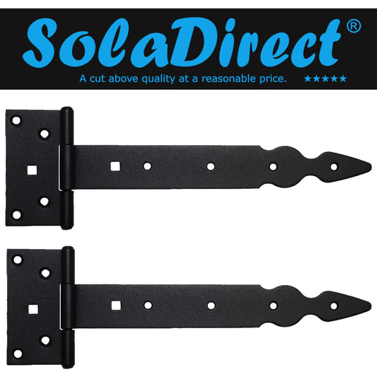 Pack of 2 x 250 mm T-Hinge Black, Steel Tee Hinges, Weather Resistant, Rust Proof Powder Coating, T Strap Hingess