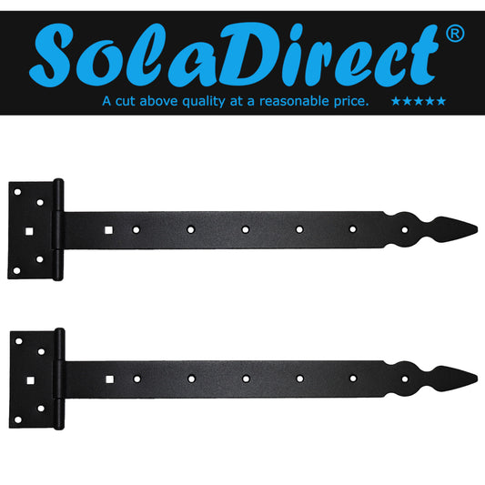 Pack of 2 x 400 mm T-Hinge Black, Steel Tee Hinges, Weather Resistant, Rust Proof Powder Coating, T Strap Hingess