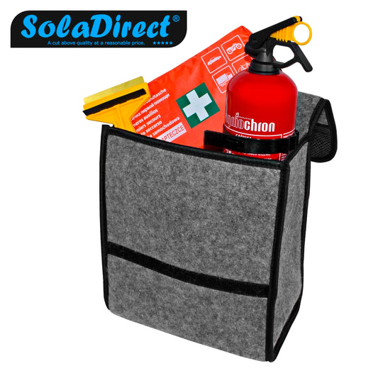 Car Boot Organiser Bag - Grey Felt Storage Box with Handle, Front Pocket, Hook-and-Loop Strips - 26 x 14.5 x 33 cm Car Trunk Case