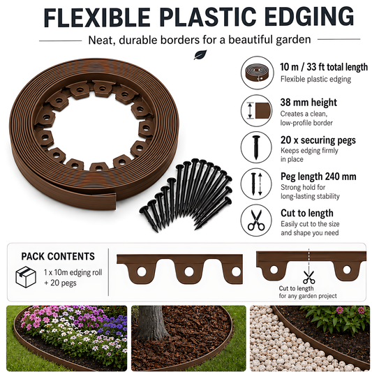 Brown Lawn Edging Border 10m 33ft x 38mm - Flexible Plastic Garden Edge Strip with 20 Securing Pegs, Easy Cut-to-Shape Landscape Trim for Flower Beds, Grass, Paths, Gravel, Bark and Mowing Strips