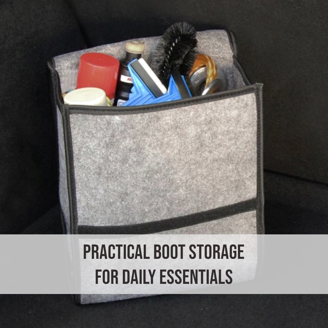 Car Boot Organiser Bag - Grey Felt Storage Box with Handle, Front Pocket, Hook-and-Loop Strips - 26 x 14.5 x 33 cm Car Trunk Case