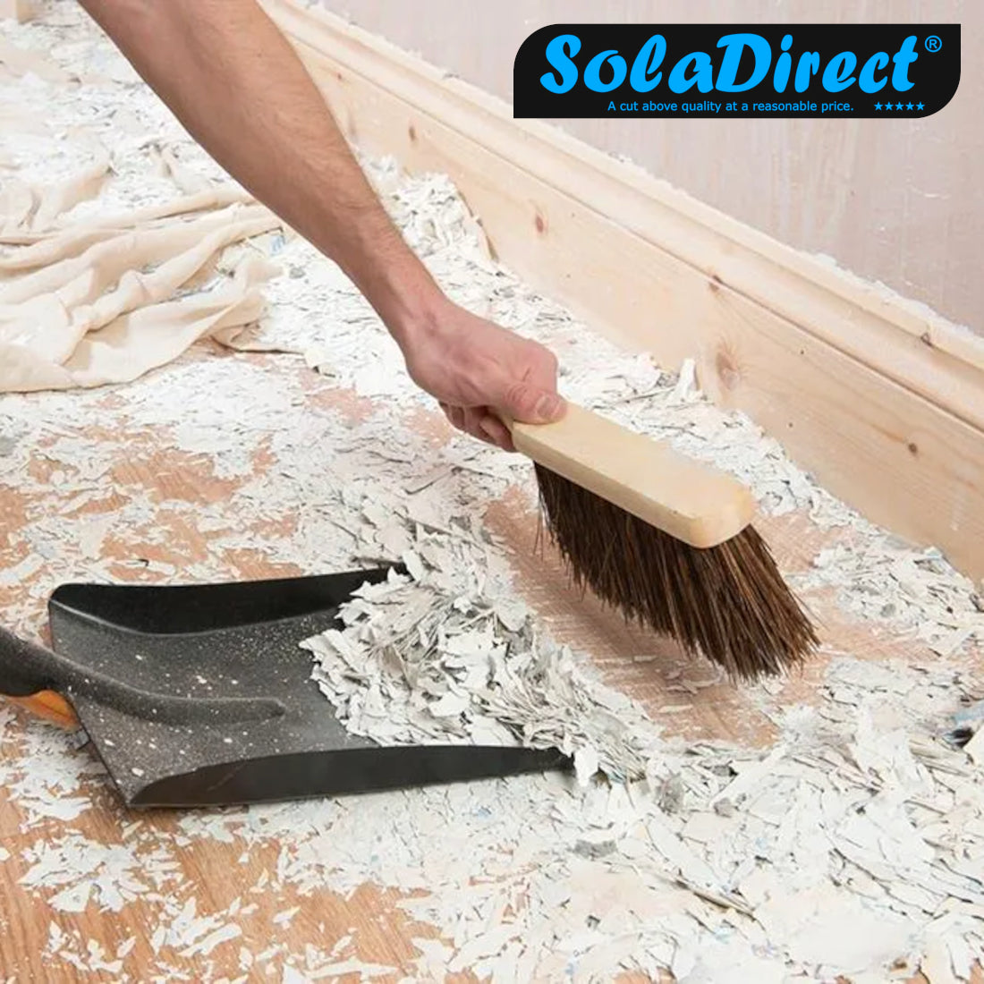 Soft Coco Hand Brush and Blue Metal Dustpan Set - Natural Coconut Bristles with Wooden Handle - Indoor Surface-Safe Cleaning Brush