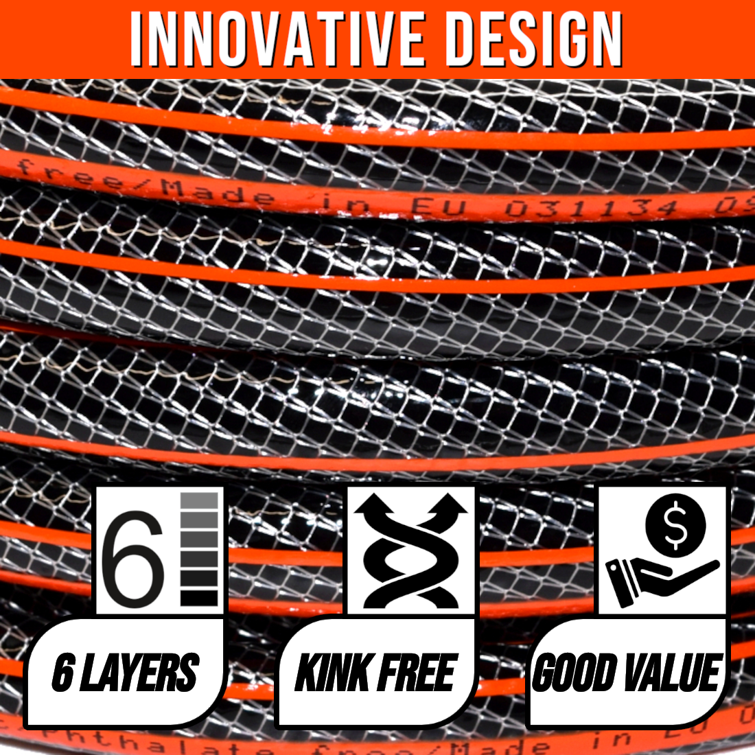 50 m / 164 ft Garden Hose Pipe - 1/2" Kink-Free 6-Layer Reinforced Non-Toxic Phthalate-Free PVC Hosepipe - Watering Tube - Black