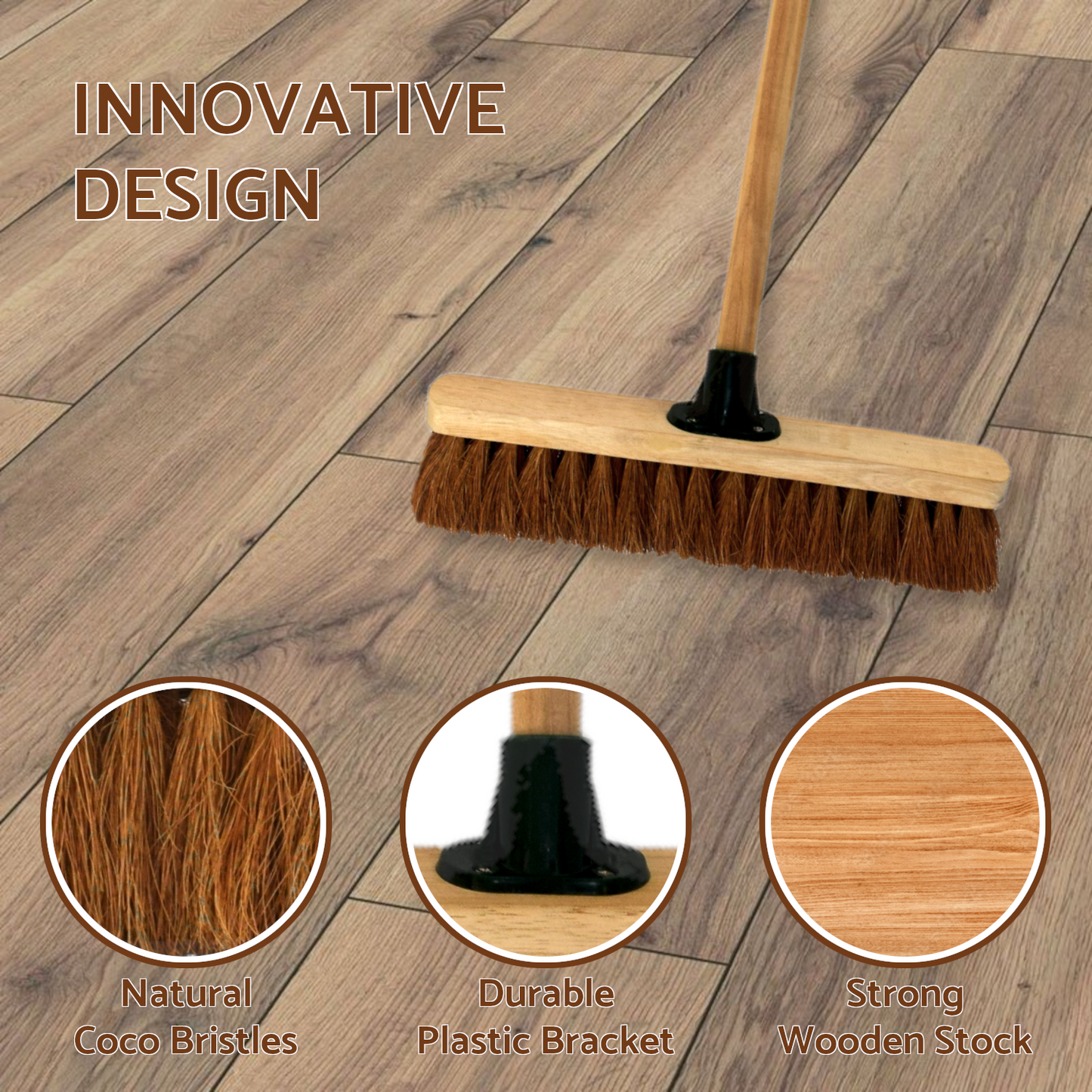 18-Inch Wide Coco Broom with Wooden Handle - Soft Bristle Indoor Sweeping Broom for Home, Kitchen, Hardwood Floors