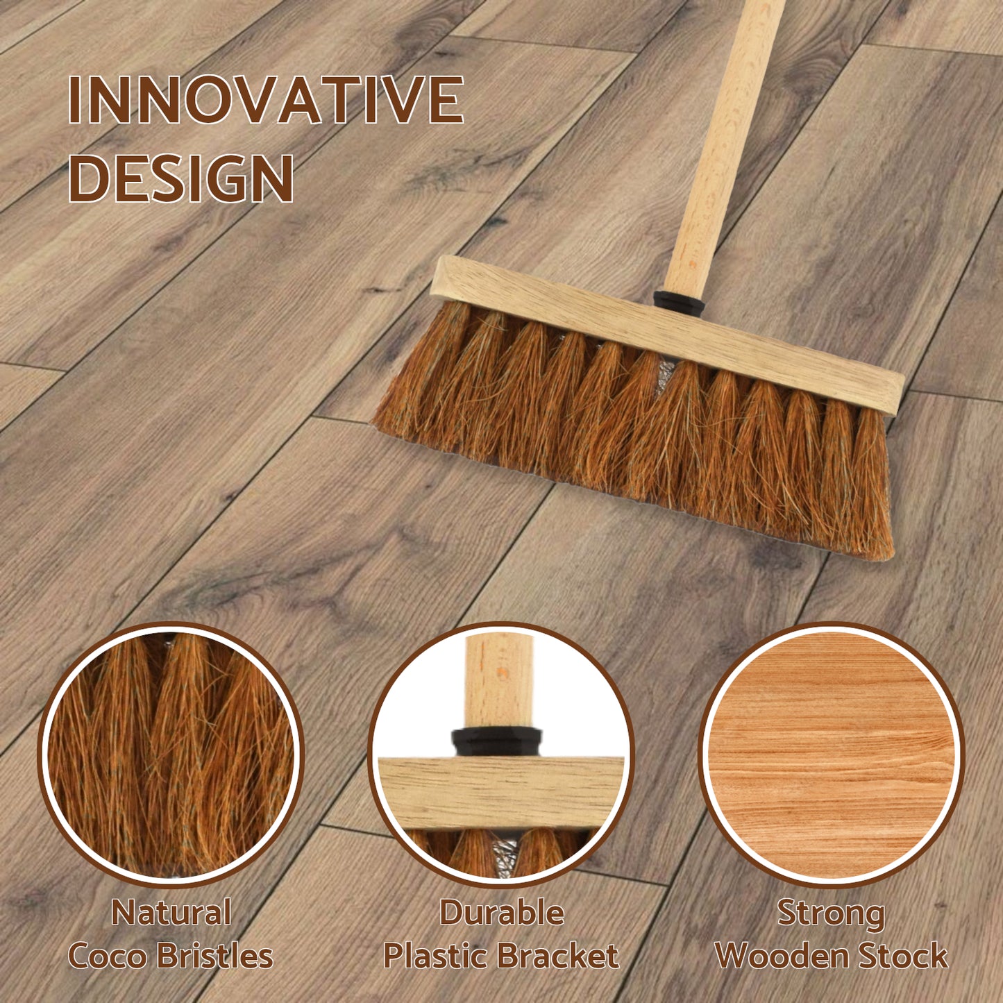 10-Inch Natural Soft Coco Sweeping Broom with Wooden Handle - Eco-Friendly Soft Bristle Sweeping Brush