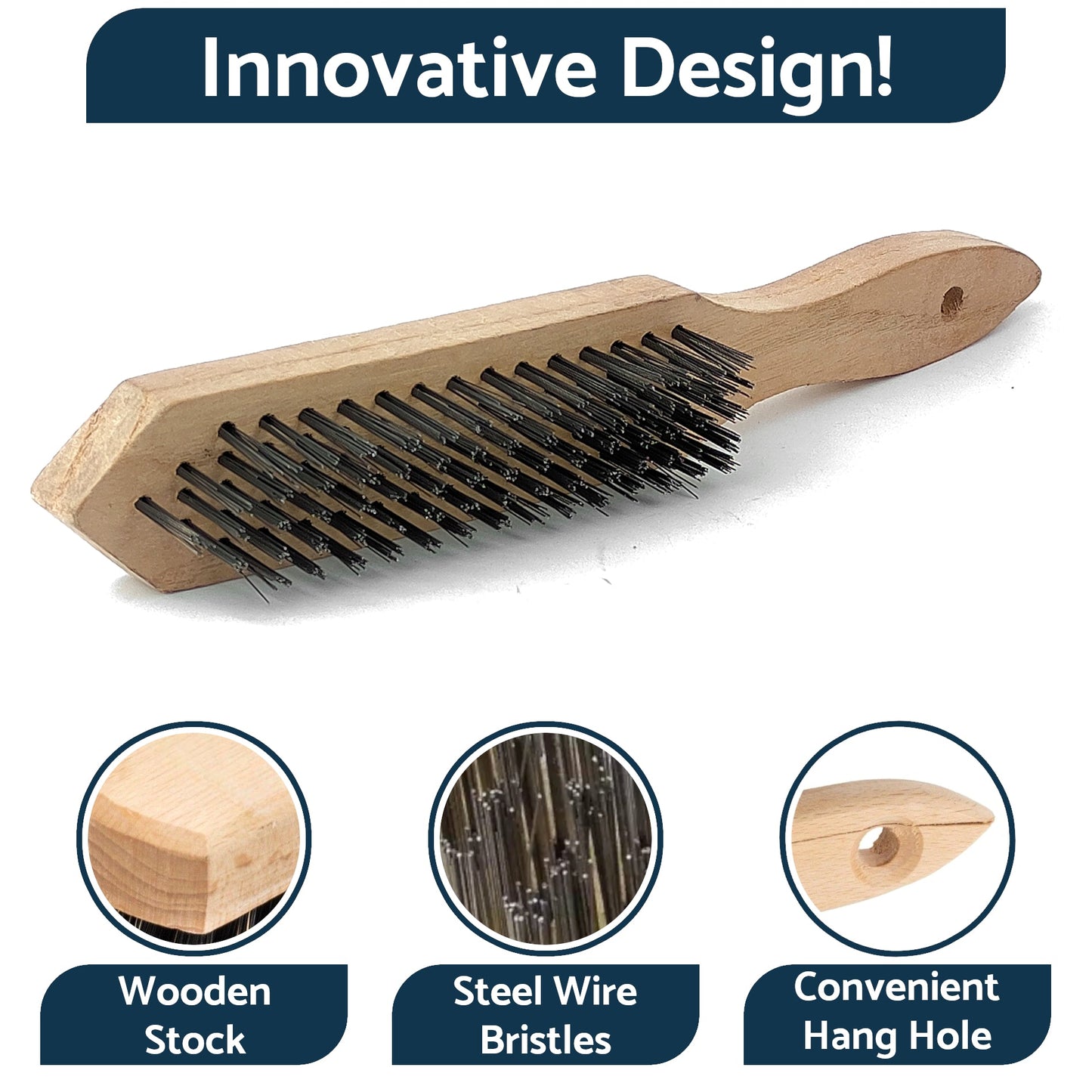 Set of 4 x Wire Brush, Heavy-Duty Handheld Steel Wire Brushes with Wooden Handle - Rust Remover - Tough Steel Wire Bristles