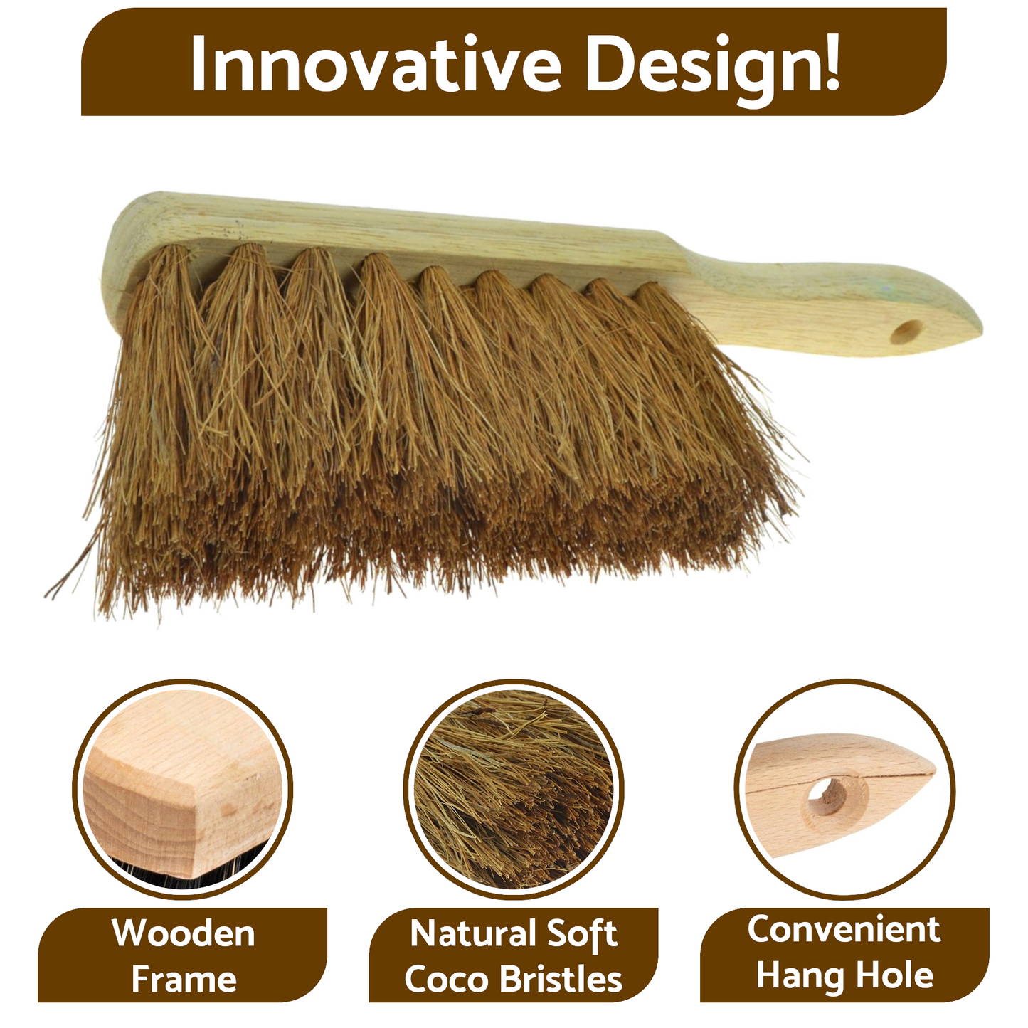Soft Coco Hand Brush and Blue Metal Dustpan Set - Natural Coconut Bristles with Wooden Handle - Indoor Surface-Safe Cleaning Brush