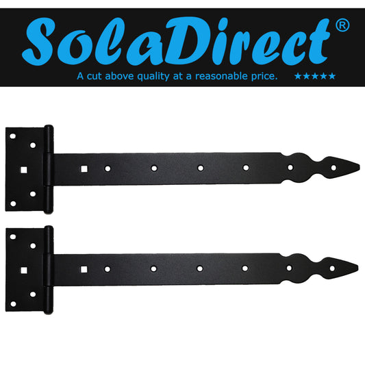 Pack of 2 x 350 mm T-Hinge Black, Steel Tee Hinges, Weather Resistant, Rust Proof Powder Coating, T Strap Hingess