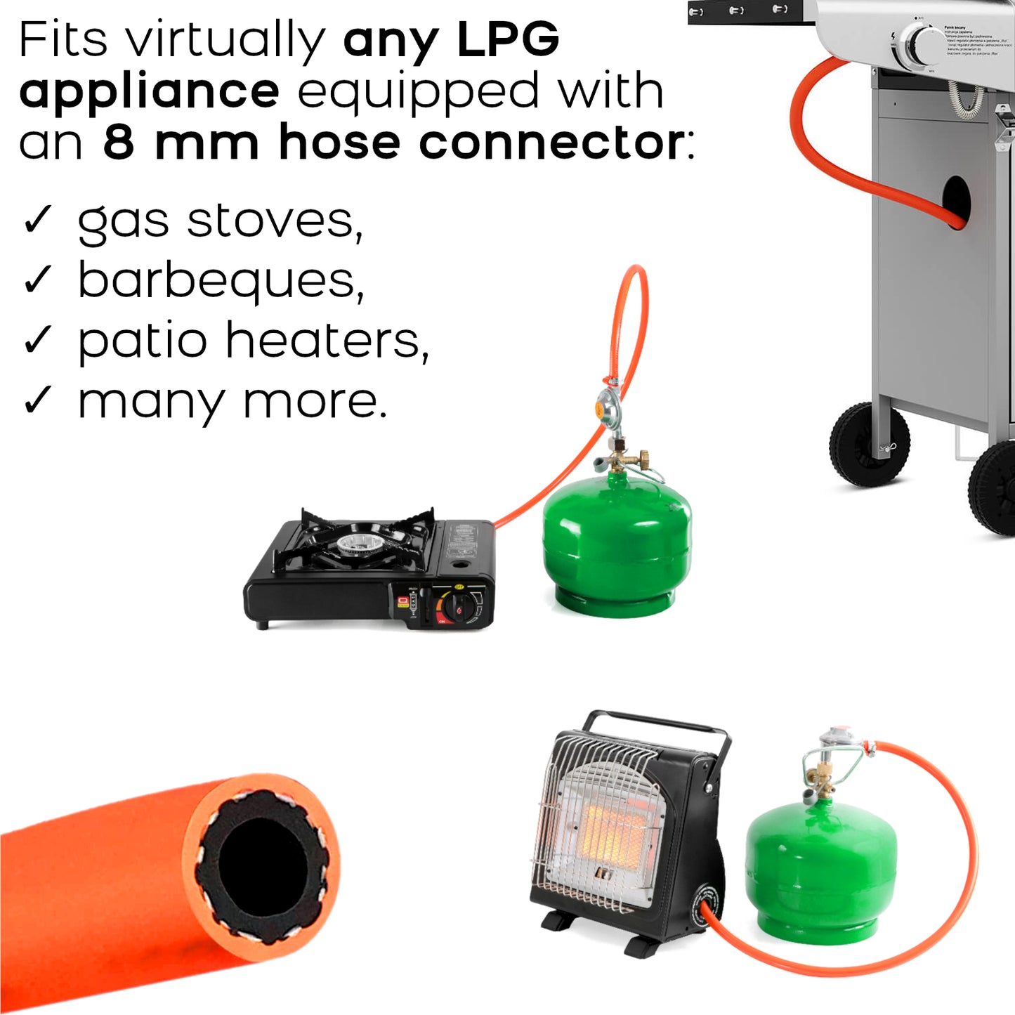 2m of LPG Gas Hose Pipe with 2 Clamps - 8mm 5/16" High-Pressure Propane/Butan Pipe - 2025 Dated EN16436-1 CLASS 2 Flame Retardant