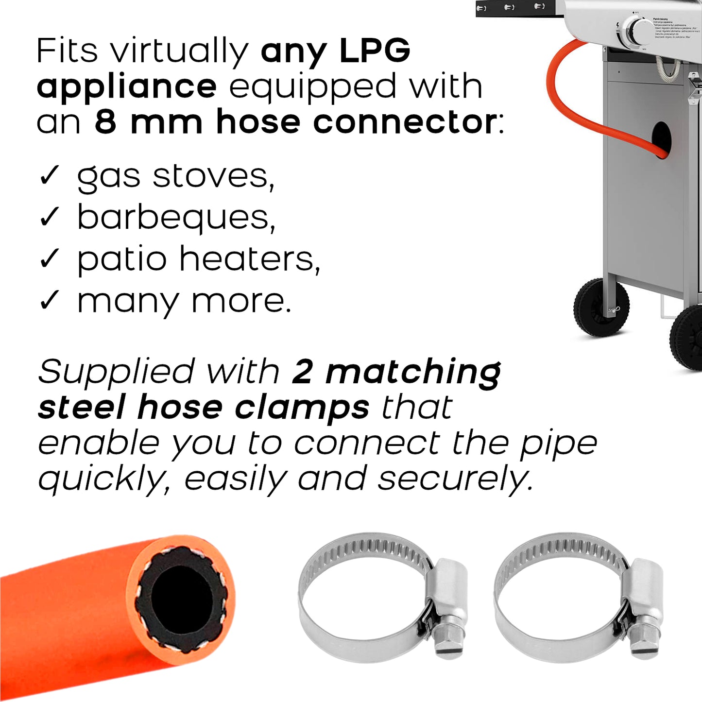 5m of LPG Gas Hose Pipe with 2 Clamps - 8mm 5/16" High-Pressure Propane/Butan Pipe - 2025 Dated EN16436-1 CLASS 2 Flame Retardant