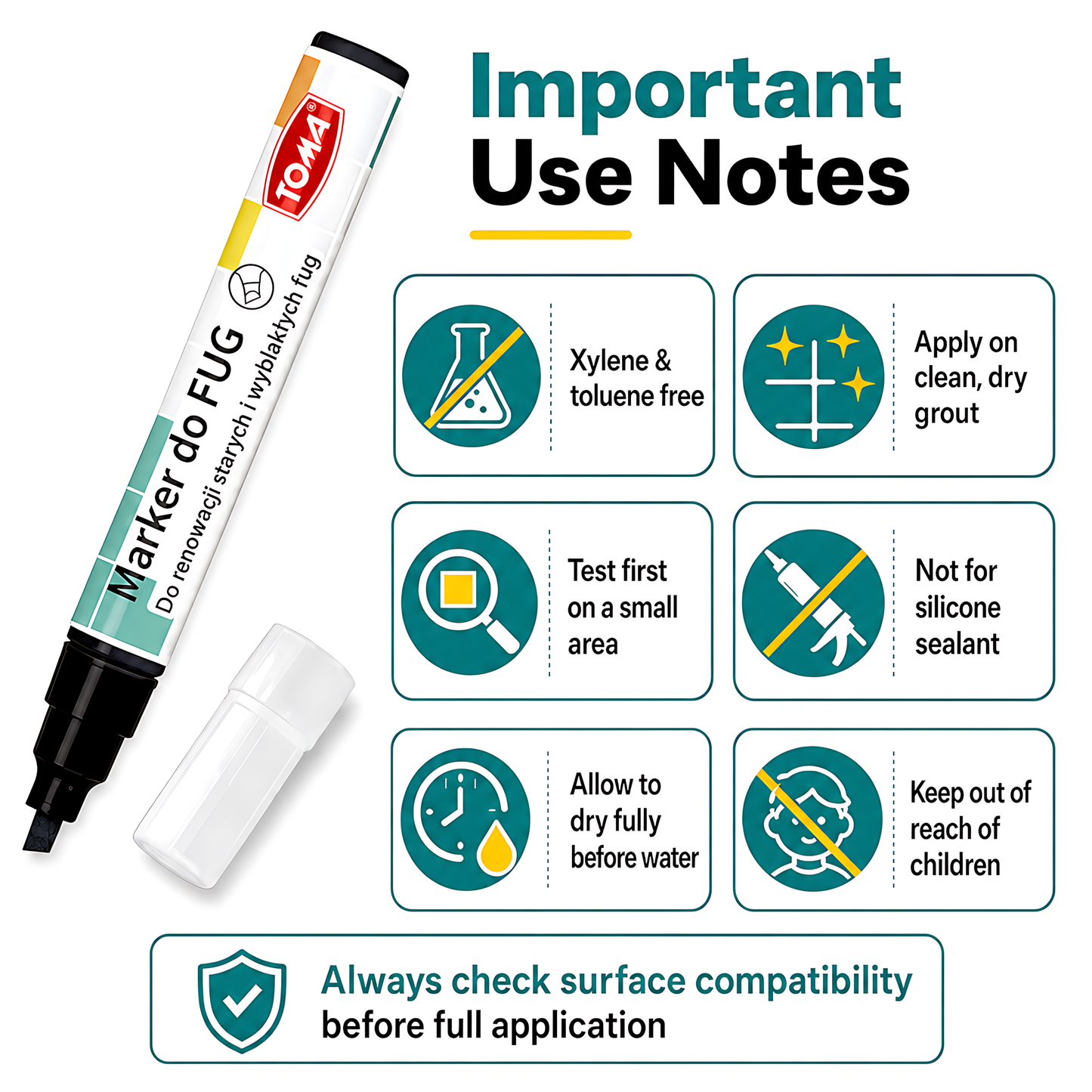 2 x Black Grout Marker Pen for Tile Joints - Fast-Drying Water-Resistant Ink, Fade-Resistant - for Bathroom, Kitchen Grout Refresh