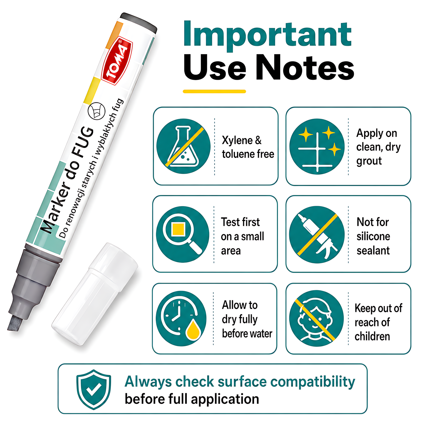 2 x Grey Grout Marker Pen for Tile Joints - Fast-Drying Water-Resistant Ink, Fade-Resistant - for Bathroom, Kitchen Grout Refresh