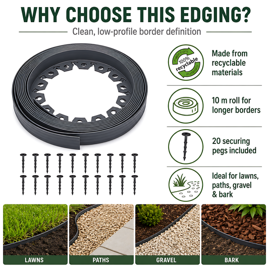 Grey Lawn Edging Border 10m 33ft x 55mm - Flexible Plastic Garden Edge Strip with 20 Securing Pegs, Easy Cut-to-Shape Landscape Trim for Flower Beds, Grass, Paths, Gravel, Bark and Mowing Strips