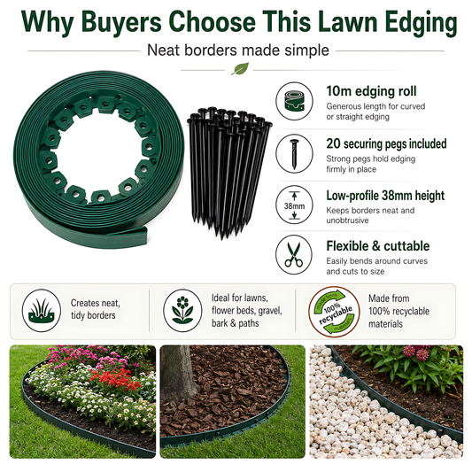 Green Lawn Edging Border 10m 33ft x 38mm - Flexible Plastic Garden Edge Strip with 20 Securing Pegs, Easy Cut-to-Shape Landscape Trim for Flower Beds, Grass, Paths, Gravel, Bark and Mowing Strips