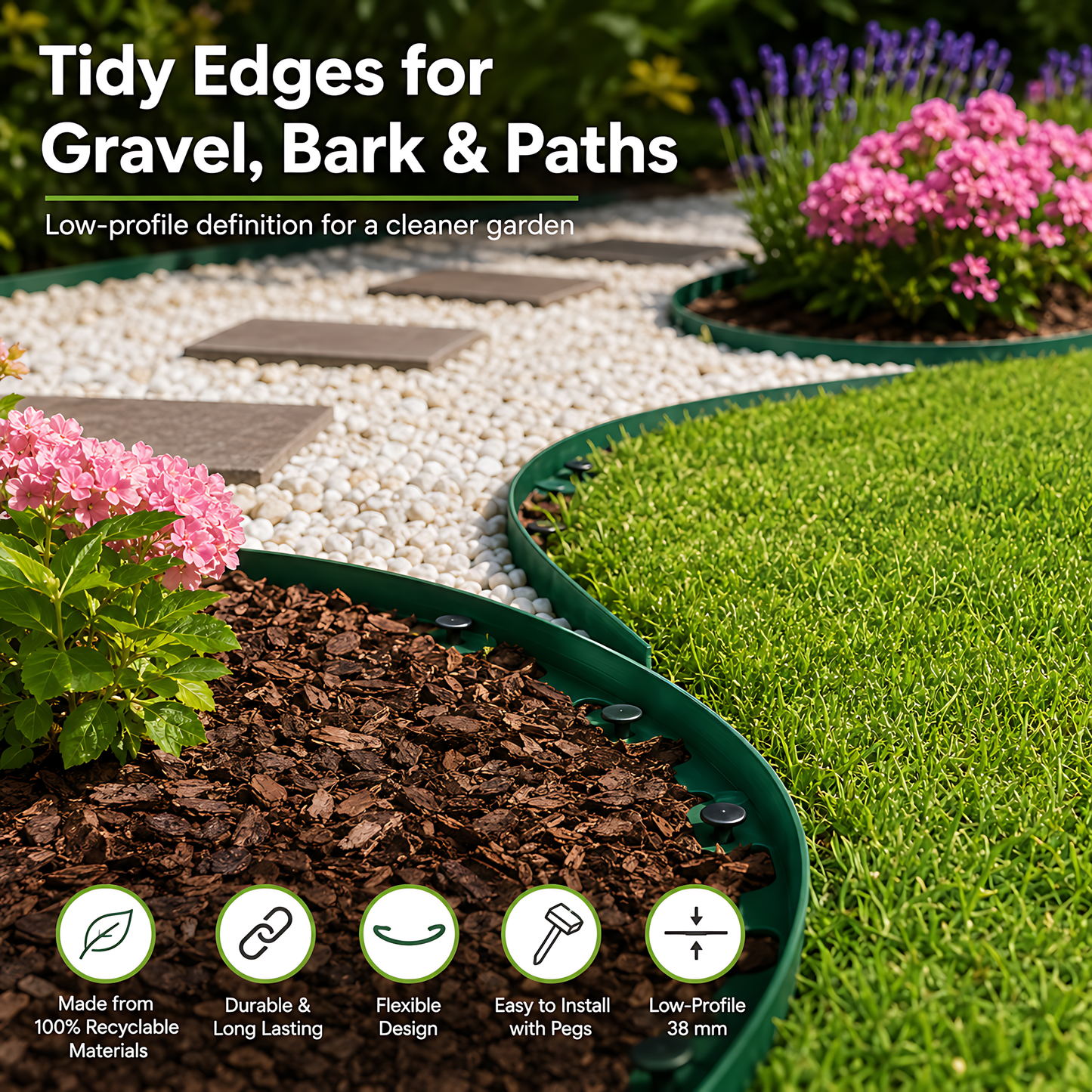Green Lawn Edging Border 10m 33ft x 38mm - Flexible Plastic Garden Edge Strip with 20 Securing Pegs, Easy Cut-to-Shape Landscape Trim for Flower Beds, Grass, Paths, Gravel, Bark and Mowing Strips