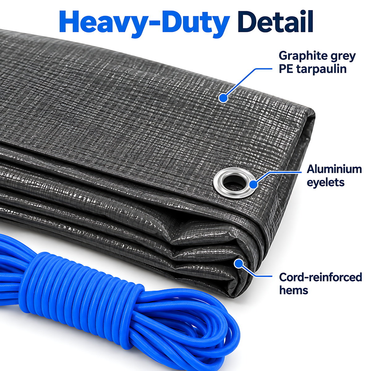 Graphite Grey Tarpaulin 5m x 5m 200 GSM Waterproof with 10m Blue Bungee Rope, UV Resistant, Aluminium Eyelets, Reinforced Hems