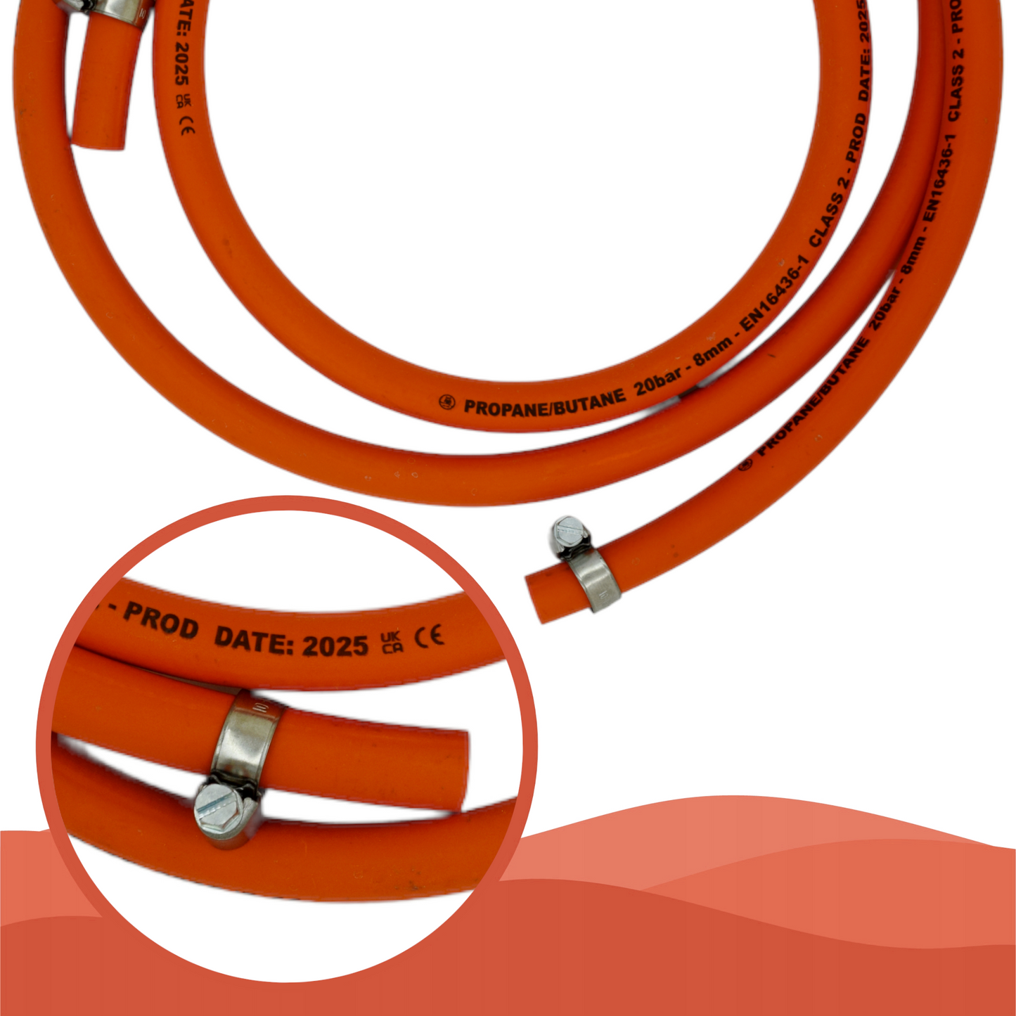 4m of LPG Gas Hose Pipe with 2 Clamps - 8mm 5/16" High-Pressure Propane/Butan Pipe - 2025 Dated EN16436-1 CLASS 2 Flame Retardant