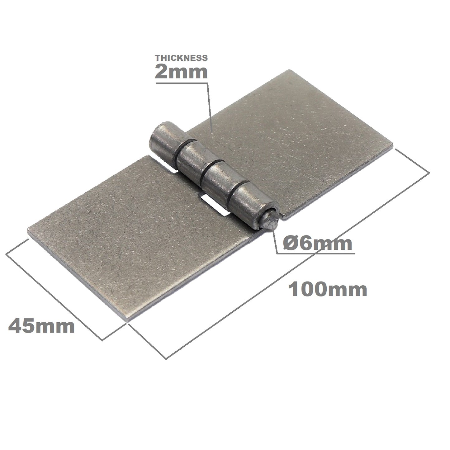 Pack of 2 x Heavy Duty Weldable Solid Steel Hinges, 45 x 100 mm Welding Long Lasting Steel Butt Hinges, 2 mm Thick Weld On Hinges