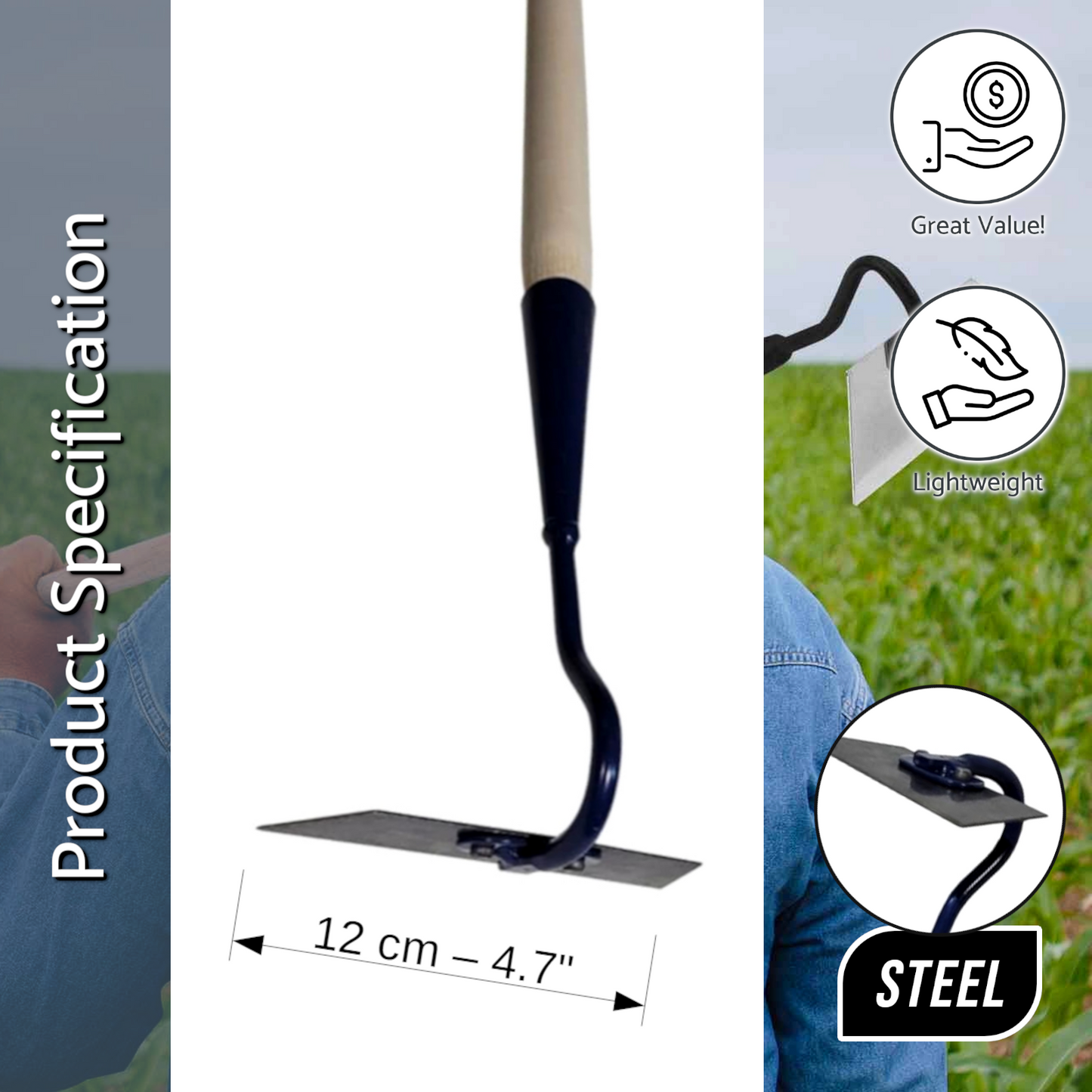 12 cm Solid Steel Swan Neck Hoe Head Garden Tool with Wooden Handle