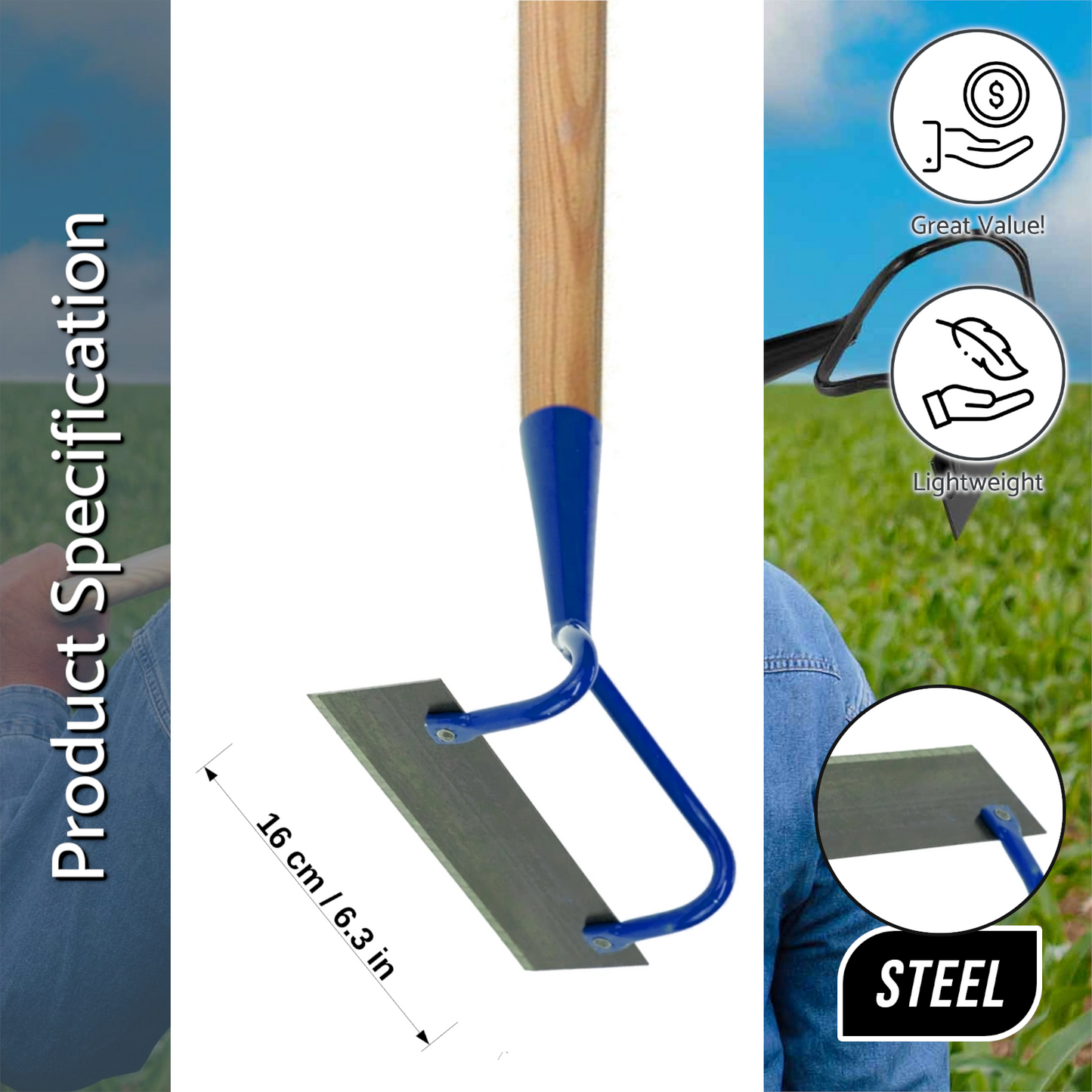Hoe Swan Neck Cultivator Heavy-Duty Solid Steel Soil Digging Dutch Gardening and Landscaping Tool (16 cm, with 115 cm Long Handle)