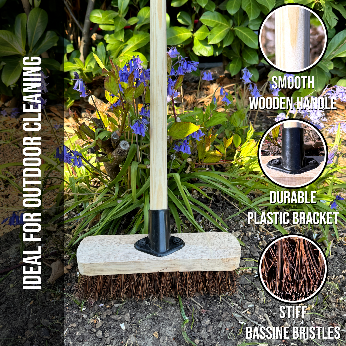 9" Deck Scrub Brush with Handle - Heavy Duty Outdoor Stiff Bassine Bristles Scrubbing Broom - Hard Brush for Decking Patio Garden