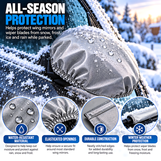 Car Wing Mirror and Wiper Blade Covers, 2 Each - Snow, Frost, Ice - Grey for Rain, Cold Weather, Easy Fitting and Removal
