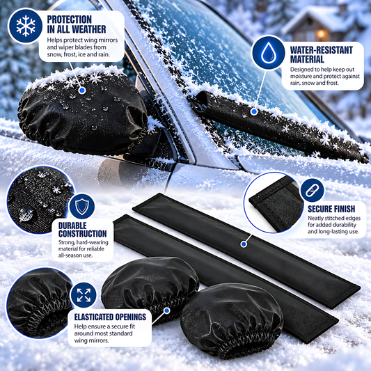 Car Wing Mirror and Wiper Blade Covers, 2 Each - Snow, Frost, Ice - Black for Rain, Cold Weather, Easy Fitting and Removal