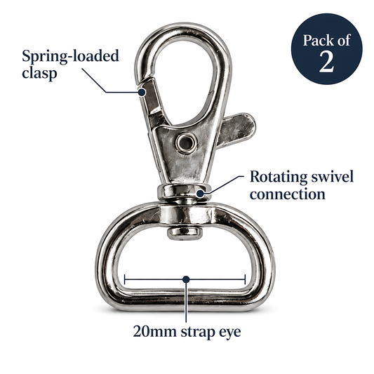 2 Pack 20mm Metal Swivel Snap Hooks for Bag Straps, Lanyards, Webbing, Handbags, Wristlets, Key Fobs, Sewing, Crafts, 5mm Metal Opening