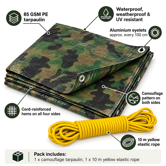 Camouflage Tarpaulin 5m x 5m 85 GSM Waterproof with 10m Yellow Elastic Bungee Rope for Camping, UV Resistant, Eyelets Every 1m