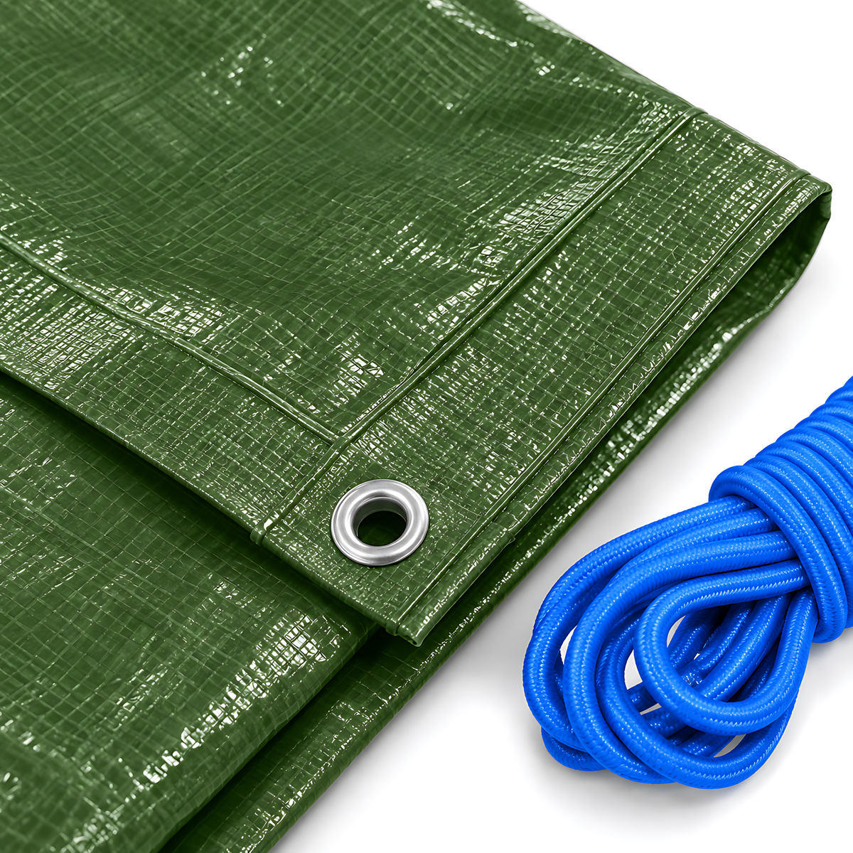 Green Tarpaulin 3m x 3m 90 GSM Waterproof with 10m Blue Elastic Bungee Rope, UV Resistant, Aluminium Eyelets, Reinforced Hems