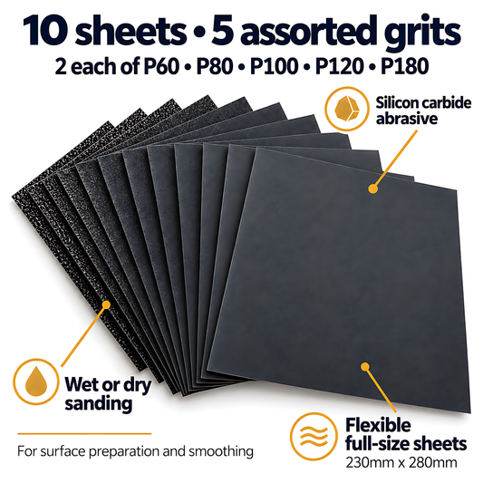 Wet and Dry Sandpaper 10 Sheets 230mm x 280mm P60 P80 P100 P120 P180 Waterproof Silicon Carbide for Paint & Filler