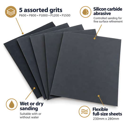 Wet and Dry Sandpaper 5 Sheets 230mm x 280mm P600 P800 P1000 P1200 P1500 Waterproof Silicon Carbide for Car Paint & Clear Coat