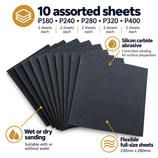 Wet and Dry Sandpaper 10 Sheets 230mm x 280mm P180 P240 P280 P320 P400 Waterproof Silicon Carbide for Car Bodywork
