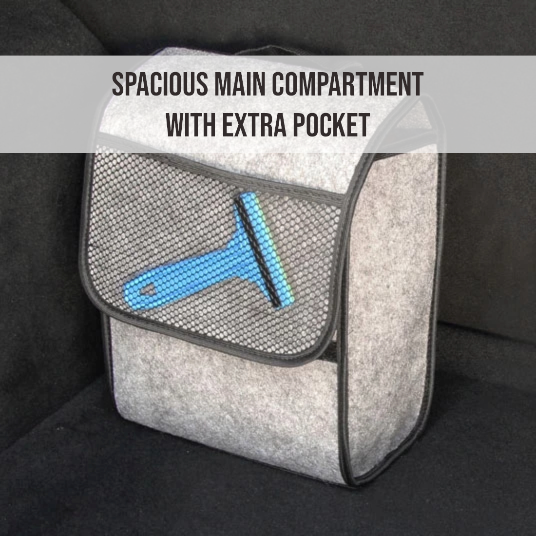 Car Boot Organiser Bag - Grey Felt Storage Box with Handle, Front Pocket, Hook-and-Loop Strips - 26 x 14.5 x 33 cm Car Trunk Case