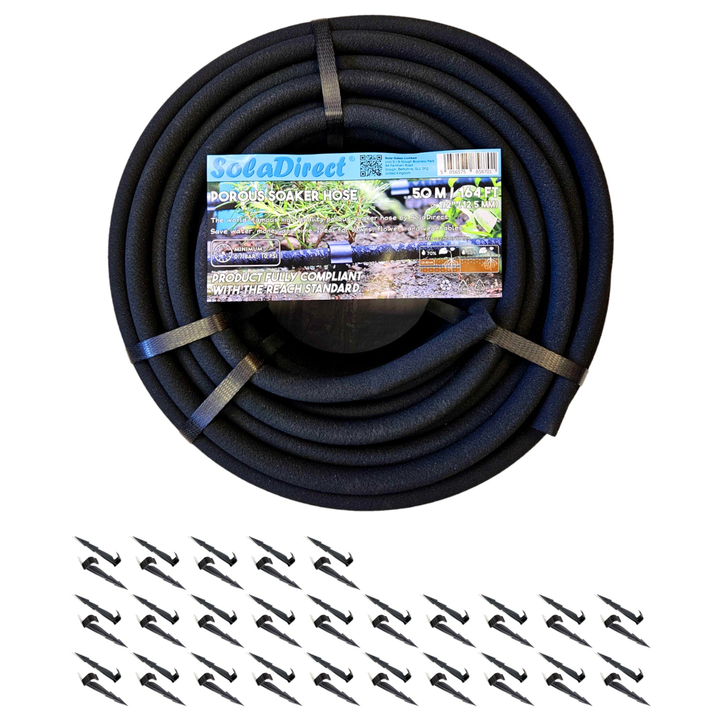 Soaker Hose, Porous Pipe, 50 m / 164 ft Long, REACH Compliant, Water Saving up to 70% + 50 Ground Pegs